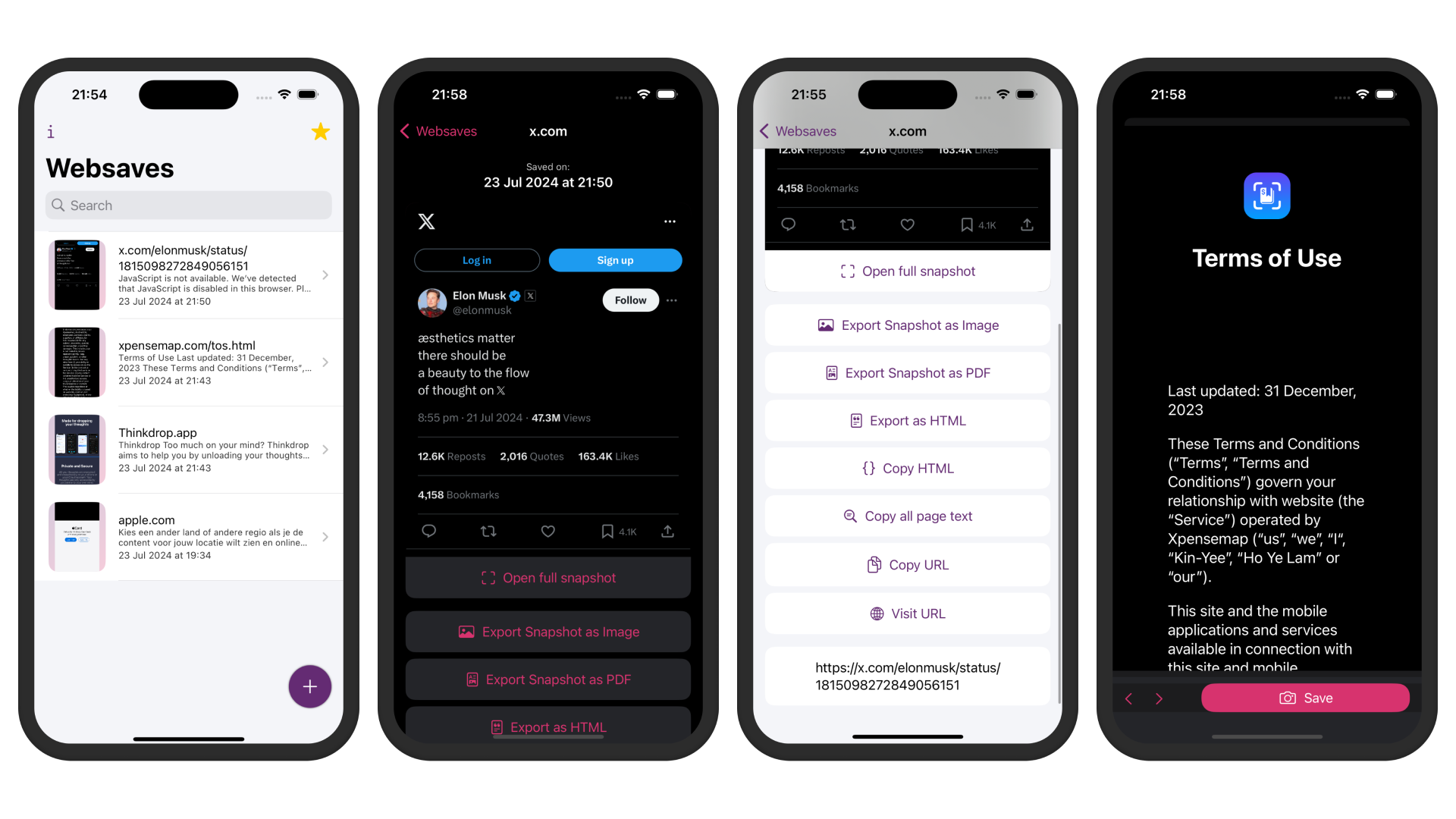 Websave app screens