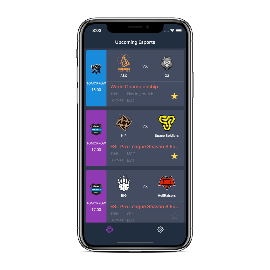 Esports Calendar app screen
