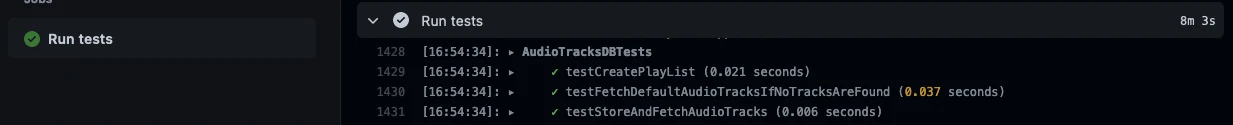 GitHub Actions test run showing three passing iOS unit tests