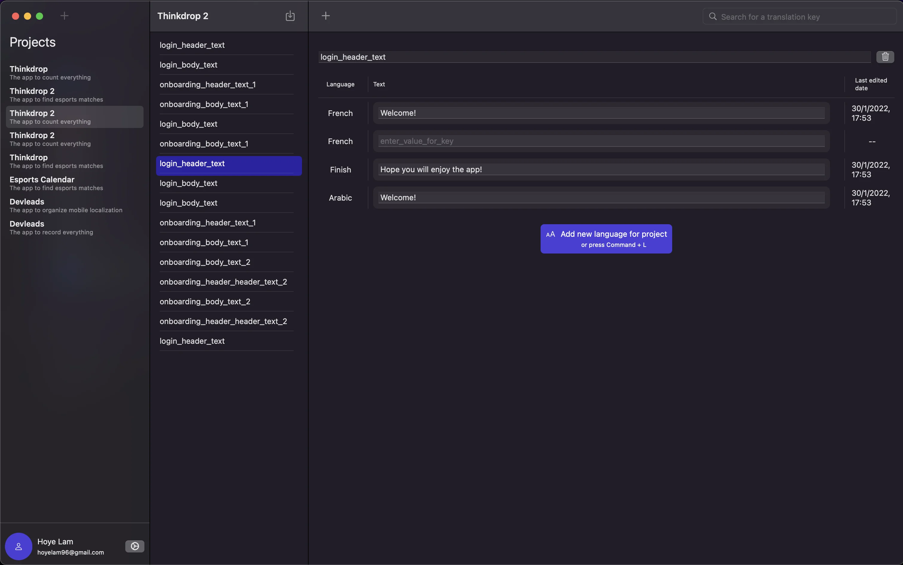 Mobloc dashboard concept for managing mobile app localization strings